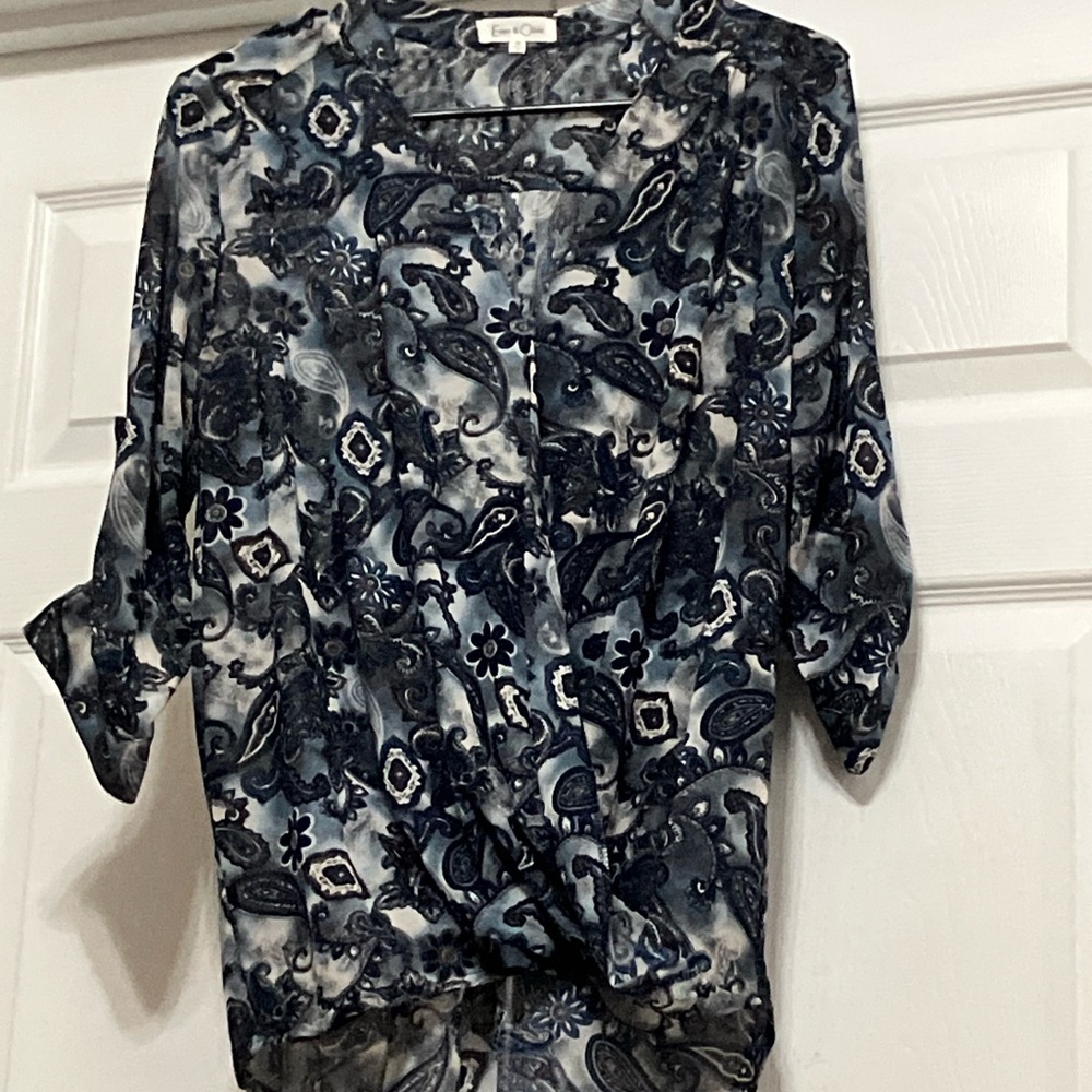 Eden & Olivia Navy and White Paisley Wrap-Front Blouse
